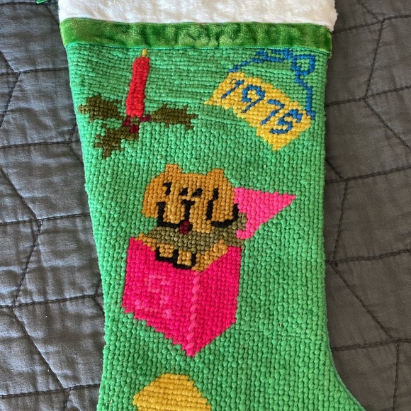 VINTAGE 70s Handmade Christmas stocking needlepoint signed cowboy puppy horse - Picture 6 of 10